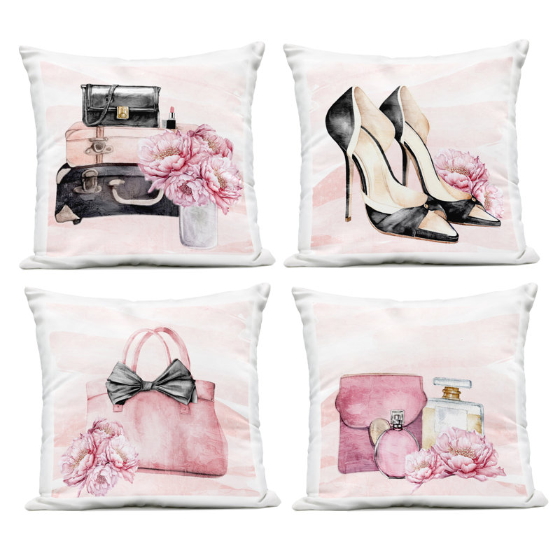 Ensemble de 4 coussins d'extérieur Rosy Glam Time, imprimé par Kim Allen
