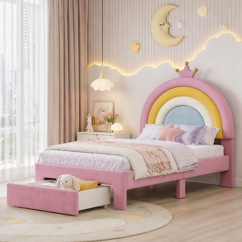 Lit tapissier à motif arc-en-ciel, lit plateforme Velvet Princess, Simple