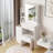 29.2" Small Size Left Bedside Cabinet Vanity Table + Cushioned Stool, Large Sliding, Touch Control, Tri-Color Switching, Brightness Adjust LED Mirror, High Capacity Storage-1520358507
