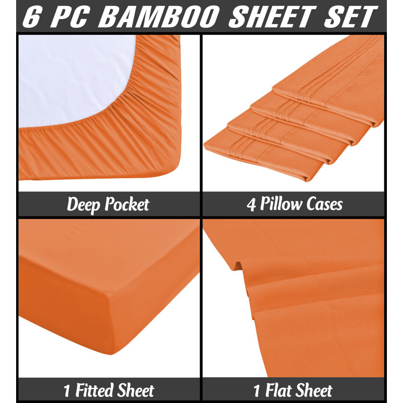 Premium Rayon From Bamboo 6 Pc Sheet Set With Deep Pockets, Cooling, Orange, Split King Sheet Set with 4 Pillowcases