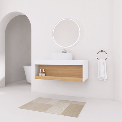 Meuble-lavabo flottant 36 po avec lavabo vasque rond en céramique, rangement ouvert