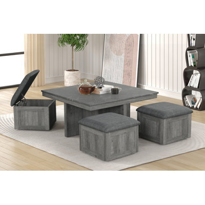 5PC Gray Coffee Table Set Square Shape Coffee Table Faux Marble Top  Lift Top 4 Stool Storage MDF, Faux Marble, Rubber Wood, Fabric Grey Finish