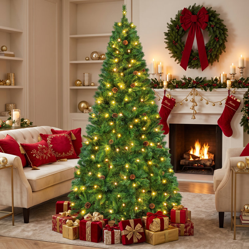 Arbre de Noël artificiel illuminé 6 pi, 804 pointes pin vert avec 200 DEL 8 modes, 6 pi