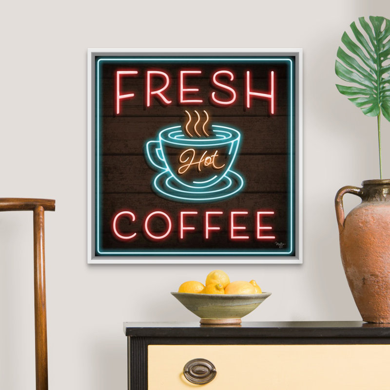 «Neon Fresh Coffee» par Mollie B., reproduction d'art sur toile tendue, Cadre blanc, H 26 po x l 26 po x P 1,75 po