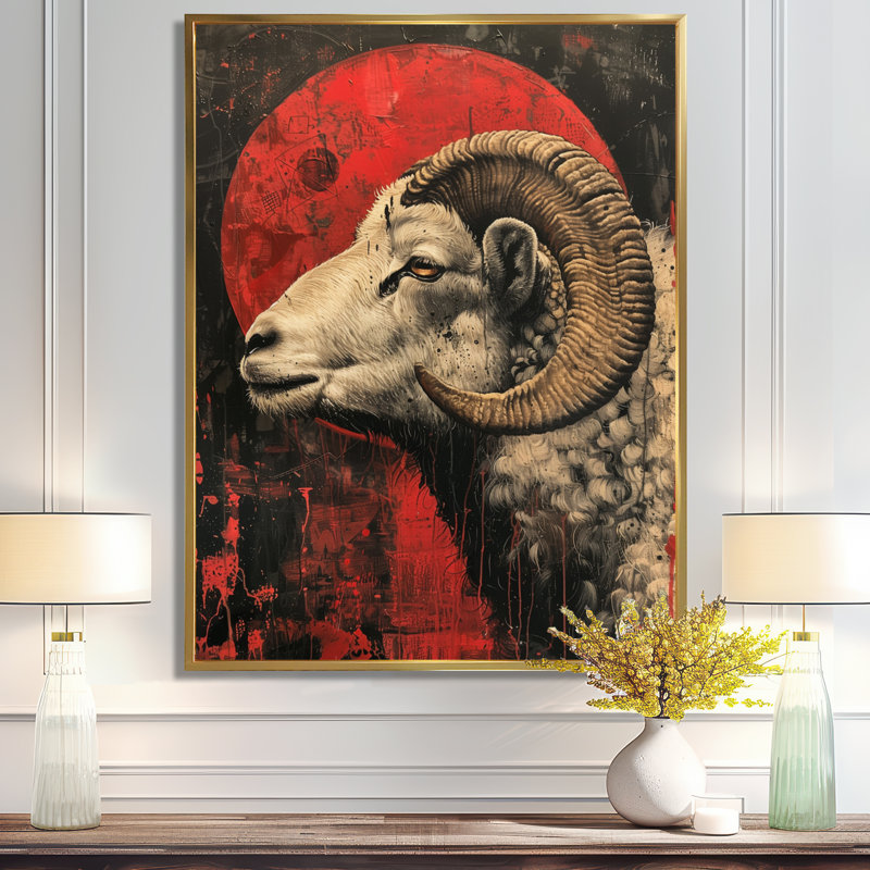 Grey Red Astrology Rams Resilience Aries - Astronomy Aries Wall Art Print, Gold Floater Framed, Solid Wood, 34" H x 44" W