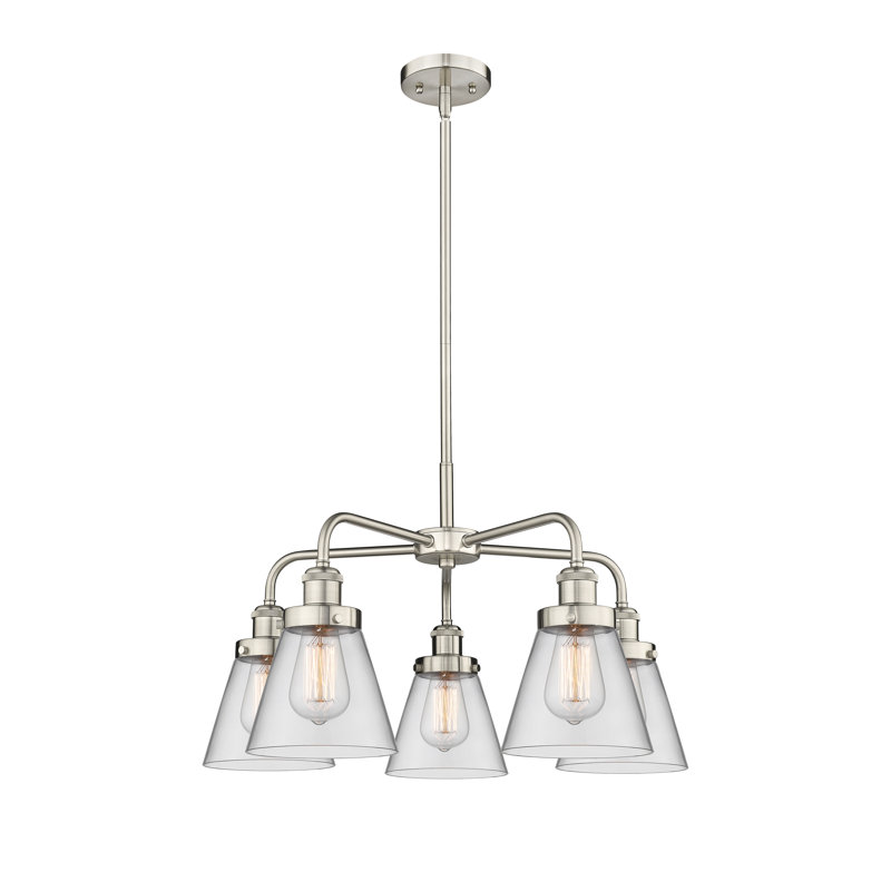 Cone 5 Light Stem Hung Chandelier, Clear, Satin Nickel