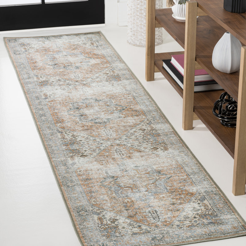 Heinfried Distressed Medallion Chenille Machine-Washable Terra/Blue Rug, Runner 2' x 8'