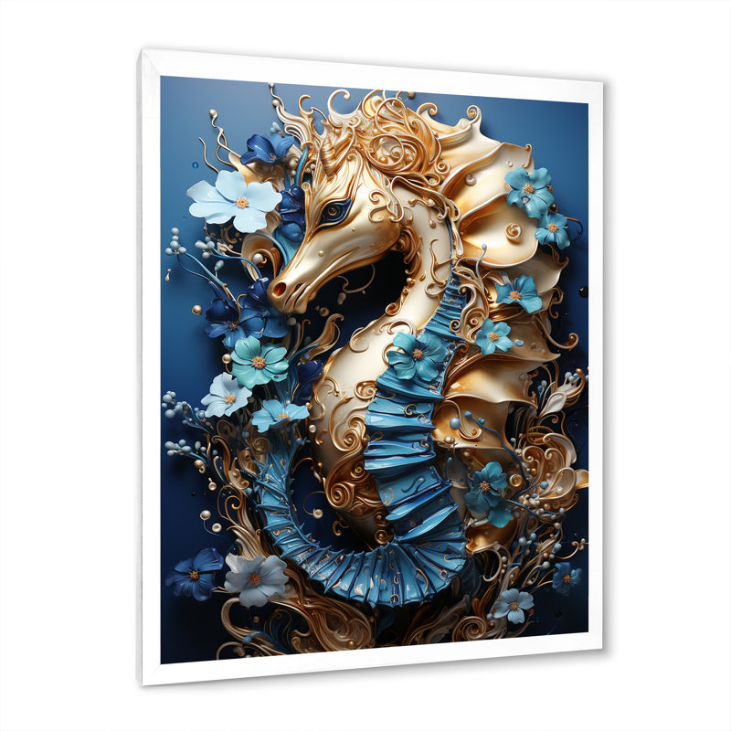 «Sapphire Seahorse Delicate Drips I», reproduction sur toile, H 20 po x l 12 po x P 1 po, Cadre photo blanc