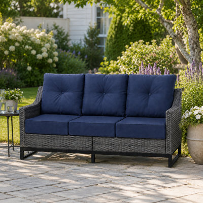 Ludgershall Outdoor Patio Sofa, 3-Seat Wicker Patio Couch With 6 Inch Olefin Cushions, Handwoven Pe Rattan Outdoor Sofa With Metal Frame For Porch, Deck, Backyard, Grey/Blue