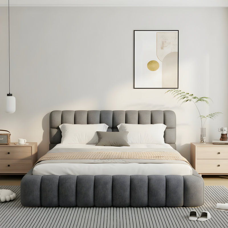 Élégant très grand lit plateforme en lin avec tête de lit tapissier et structure solide, gris, Très grand