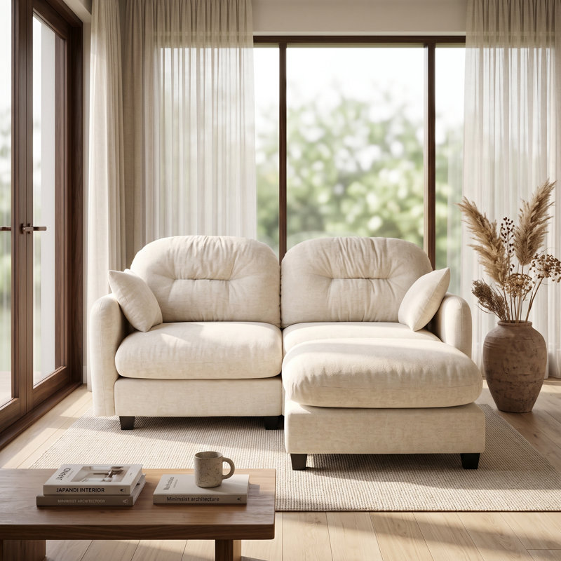 Canapé d'angle minimaliste en chenille plissée avec pouf, 2 places, beige, 2 places + 1 repose-pieds, Beige