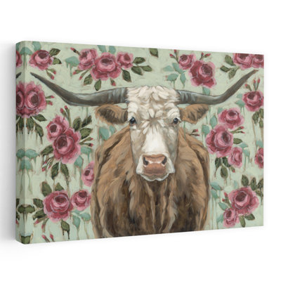 Dripping In Roses - Modern Farmhouse Longhorn Cow With Floral Rose Background Rustic And Elegant Fusion Vintage Western Theme Art