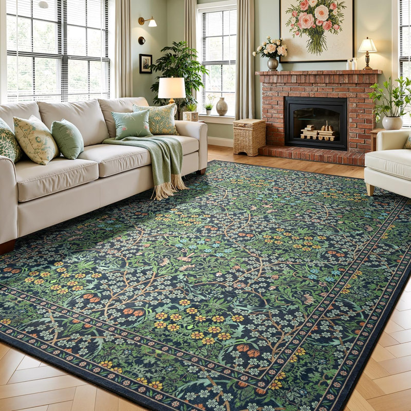 6'X9' Distressed Retro Vintage Forest Washable Rug Green, Rectangle 6' x 9'