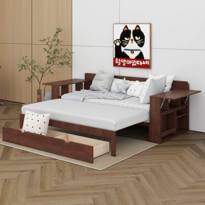 Queen Size Day Bed With Removable Desk, Wooden Daybed Frame With Storage Drawers & Hydraulic Side Table, Sofa Daybed
