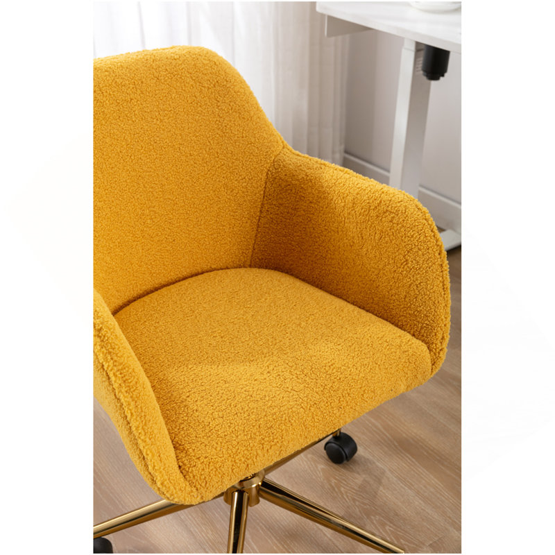 Chaise de bureau rotative à hauteur ajustable 360 ° avec pieds en métal dorés et roue universelle, Jaune