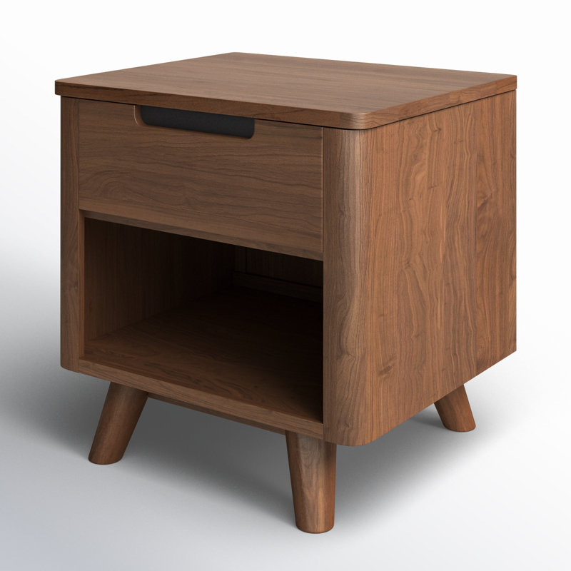 Walnut Mid-Century Modern 1-Drawer Nightstand with Shelf