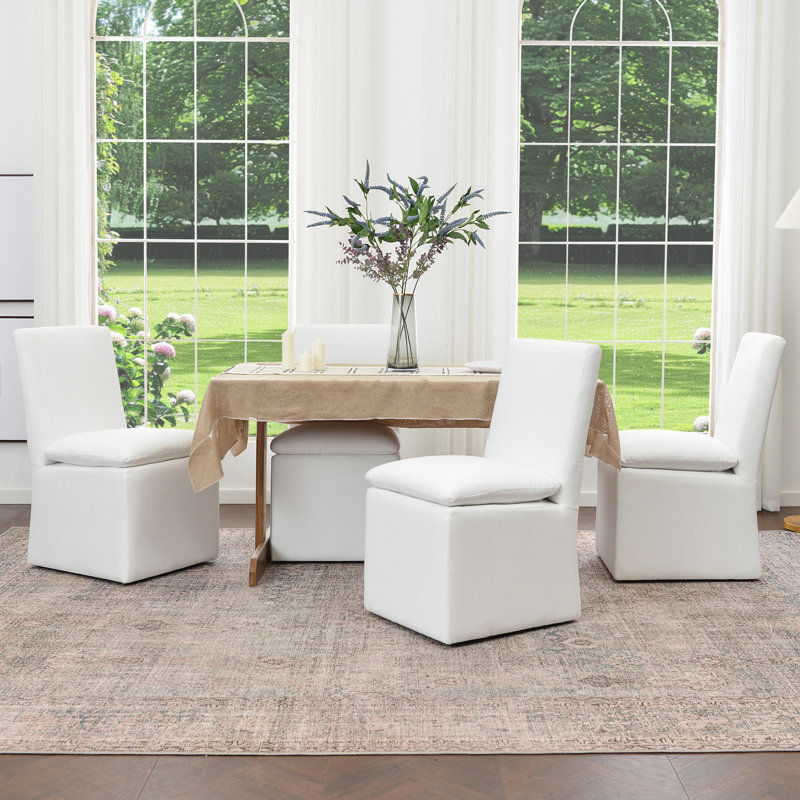21" Wide Modern No Assembly Upholstered Linen Side Dining Chair with Interchangeable Casters & Fixed Feet (Set of 4), White