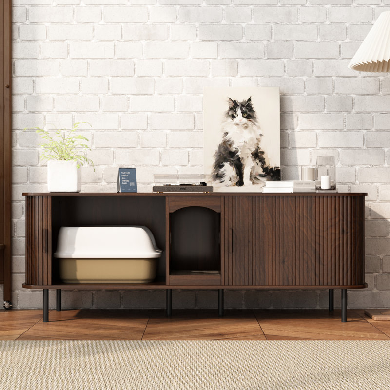 Cat Litter Box Enclosure With Cat Scratch Pad Tv Stand, Brown