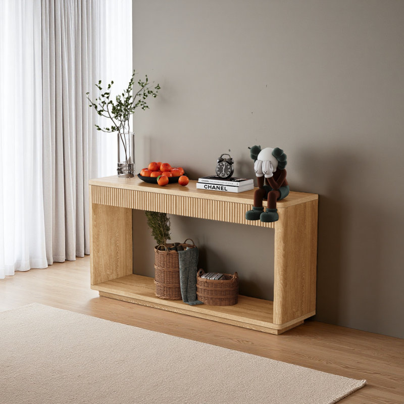 Console cannelée 60 po à 2 tiroirs de 60 po pour salon, couloir, vestibule, bureau à domicile, Bois naturel