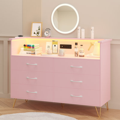 Commode 6 tiroirs avec lumières DEL et station de charge - Commode en bois large moderne, structure en acier, poignées faciles à tirer, rangement idéal pour la chambre à coucher, le salon, le placard ou le vestibule - Couleur: blanc