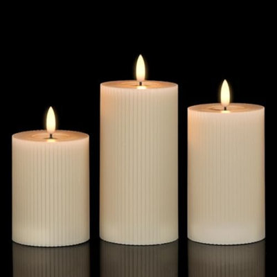 Mirror Surface Flameless Candles With Timer, Real Wax LED Pillar Candles Battery Operated With 3D Flame, 3Pcs Stripe Flickering Battery Candles For Christmas Home Decor(Gray, D3” X H5”6”7”)