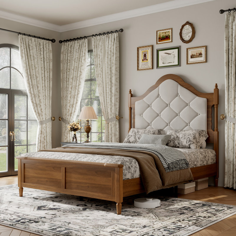 Lit double pleine grandeur avec tête de lit tapissier et pied de lit à panneau - Style Mid-Century rétro en noyer brun