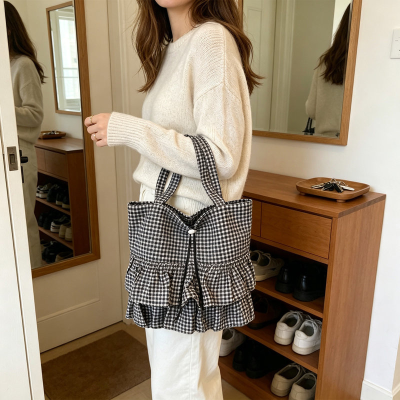 Boîte de rangement en plastique Sac bandoulière à carreaux avec grand sac fourre-tout en tissu, Noir