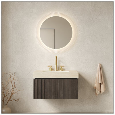 Meuble-lavabo et lavabo de salle de bain de 30 po MURI, armoire de rangement flottante en contreplaqué avec tiroir et porte, plateau en pierre frittée Roma Travertine et lavabo en céramique avec 3 trous de robinet pré-percés, pré-assemblé, grain de bois espresso