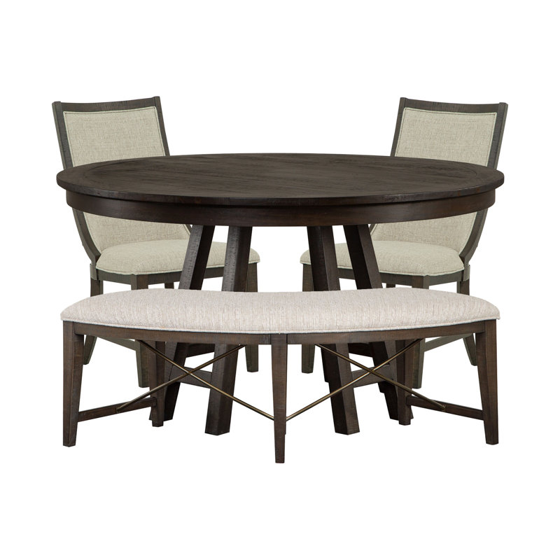 52" Round Dining Table With 2 Host Chairs And Curved Bench, Gray, 4 Pieces: Table, 2 Chairs, Bench
