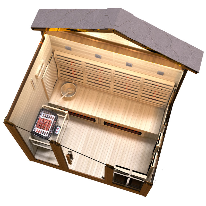 3-4 Person Outdoor Red Cedar And Hemlock Cabin Sauna With Far Infrared, 6Kw TOULE Rock Heater, And Touch Pad Controller