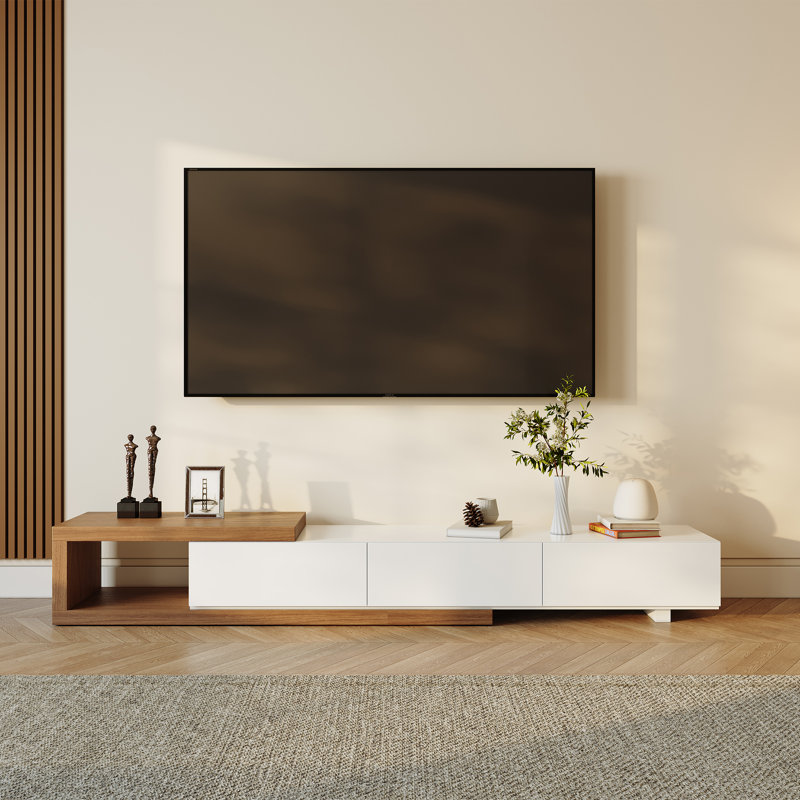 Tenita 70.86'' - 100'' Wood Extendable TV Stand, Wood Media Console, Pre-Assembly, White/Brown