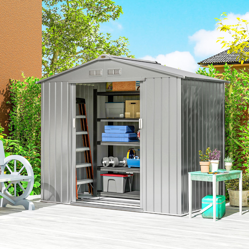 Outsunny 7 x 4ft Metal Garden Shed Waterproof Foundation Kit Light Grey