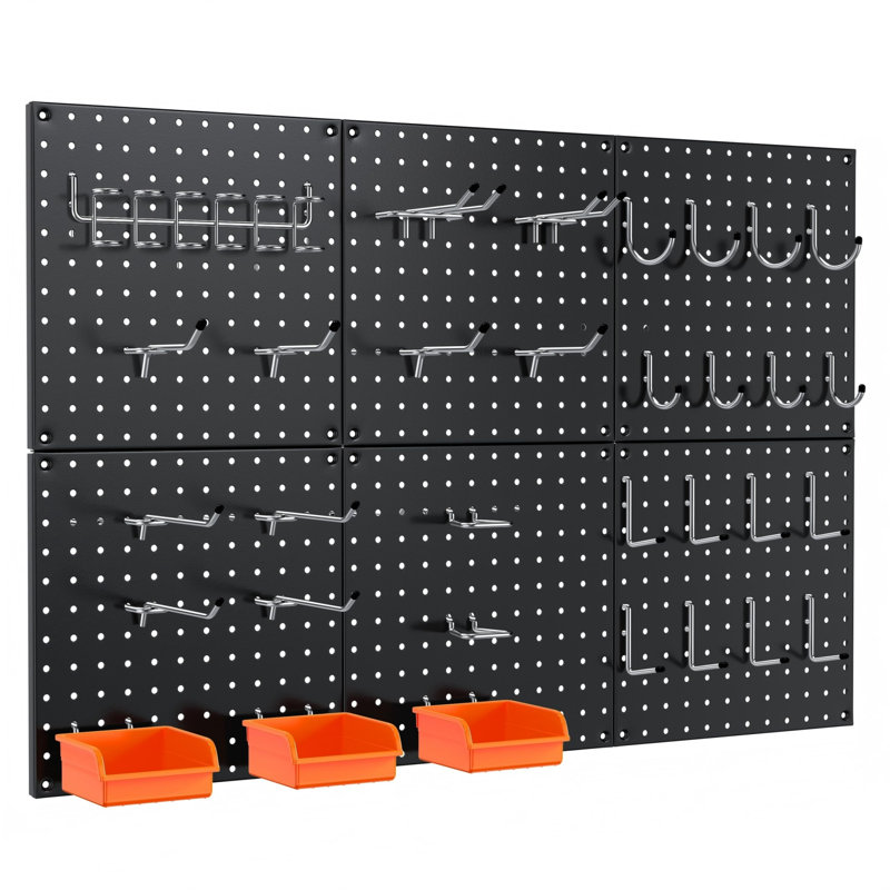 70-Piece Heavy-Duty Metal Pegboard Set, 6 Black Pegboard Panels, Total 24” x 36”, 50lbs Load Each Panel, Pegboard Wall Organiser with Hooks for Garage, Workshop & Craft Rooms