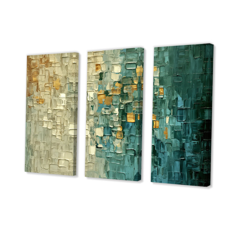 «Continuation and départ rétro or et bleu sarcelle III», ensemble de reproductions sur toile abstraites