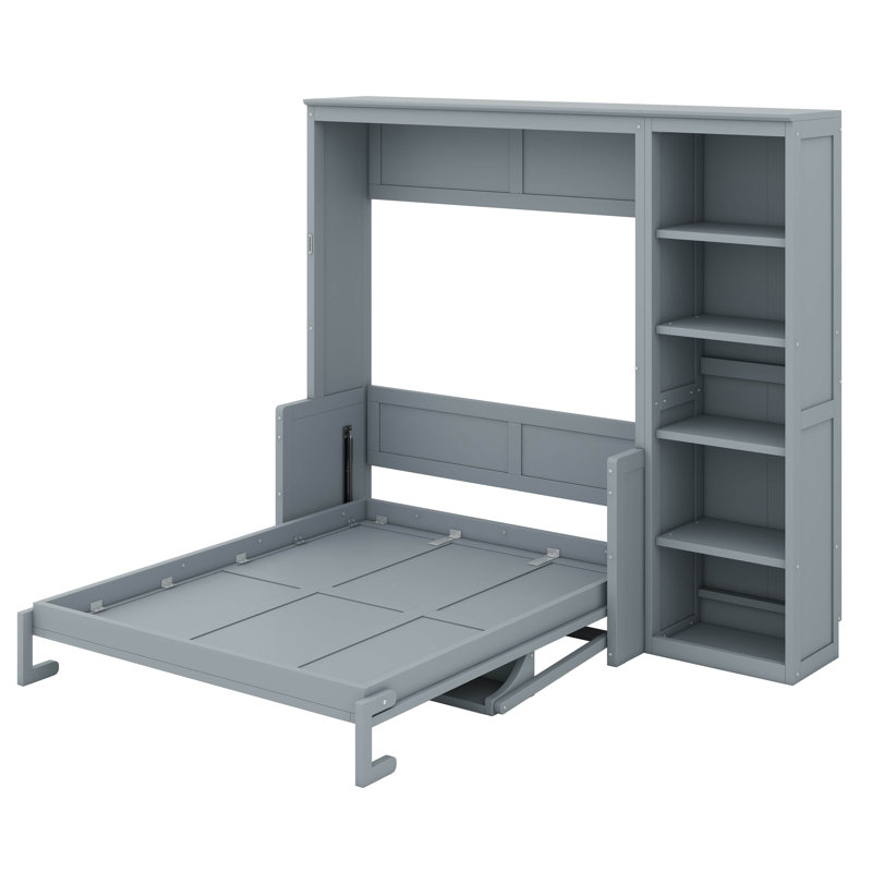 Lit escamotable avec bureau intégré et bibliothèque intégrée, Gris, Grand lit