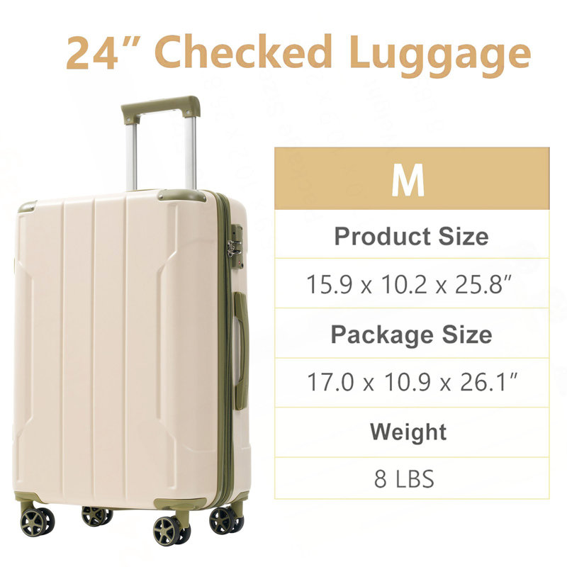 Bagages rigides, valises en ABS léger et durable avec roues doubles, bagages de voyage extensibles à carreaux de 24 pouces