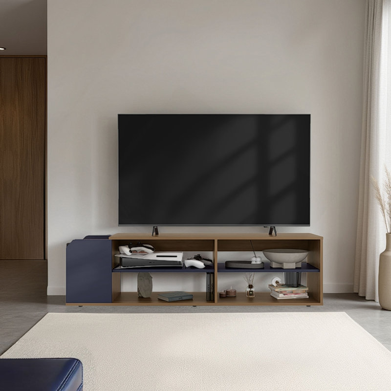Meuble télé Solene avec tablettes ouvertes pour divers espaces de rangement modernes, console média pour le salon, chêne naturel, bleu