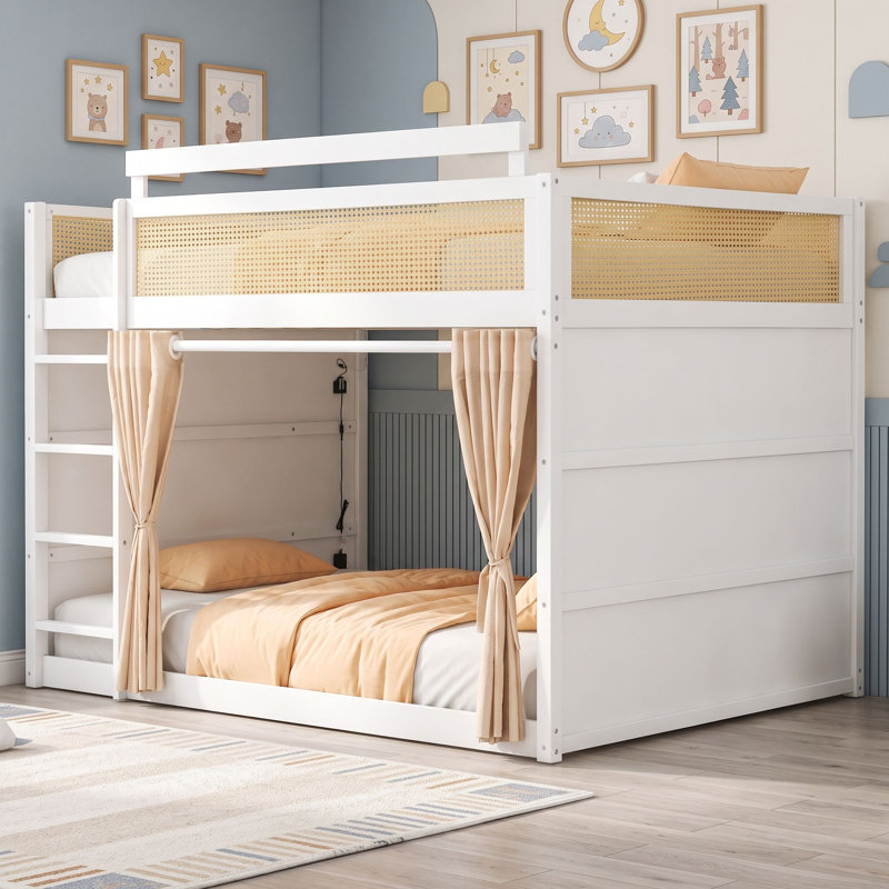 Lit superposé en bois avec bande lumineuse, étagères et rideaux, Double sur double, Blanc