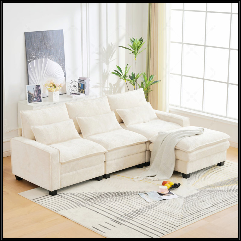 Canapé modulaire à assise profonde en nuage, canapé en L moderne et confortable en chenille pour le salon, repose-pieds mobile
