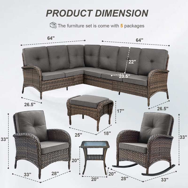 Valierius L-Shaped Outdoor Sectional Sofa Set With Rocking Chairs & Side Table, Gray