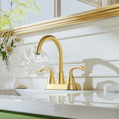 Brushed Gold 4 in Centerset Bathroom Sink Faucet with Pull-Out Sprayer, Lead-Free Stainless Steel, Metal Pop-Up Drain, Water Supply Lines, Utility Laundry Faucet for 3-Hole Sinks