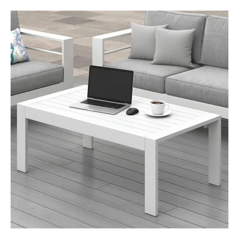 Table basse d'extérieur 43 po en aluminium et rectangulaire WPC toutes saisons, mobilier de patio blanc moderne pour terrasse, jardin et bord de piscine
