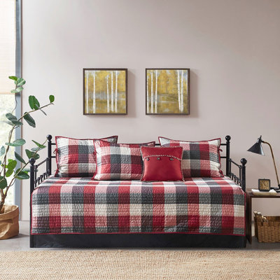 Housse de lit de jour rouge à carreaux réversibles - 6 pièces, avec du coton pour une chambre chaude et confortable, convient à un matelas simple, avec des taies décoratives, un coussin décoratif, une chambre à coucher rustique et confortable
