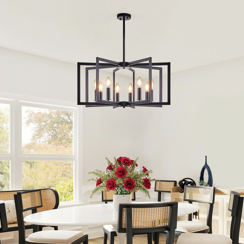 Lustre industriel noir géométrique moderne à 8 lumières, lustre carré de 22 po pour plafonds hauts, Matte Black