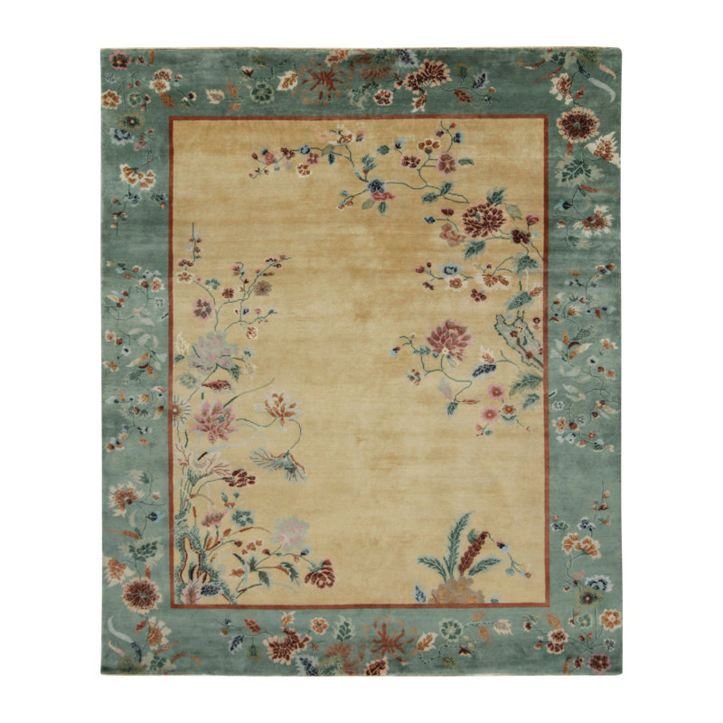 Rug & Kilim’S Chinese Art Deco Rug In Gold With Multicolor Floral Patterns, Rectangle 9' x 12'