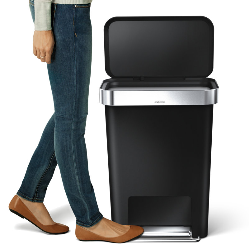 Black Plastic Rectangular Step Trash Can with Silent-Close Lid