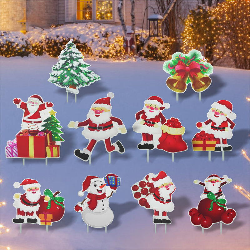 Ensemble de piquets de jardin 10 pièces, bonhomme de neige et père Noël