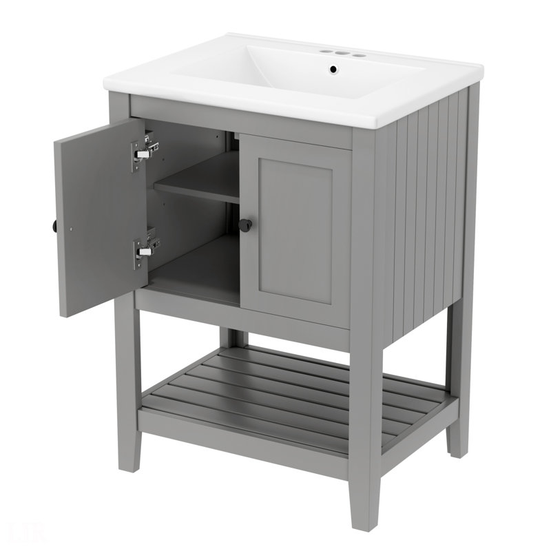 24" Modern Sleek Bathroom Vanity Elegant Ceramic Sink With Solid Wood Frame Open Style Shelf, Bathroom Vanity, Gray