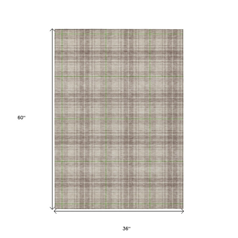 3' X 5' Beige Ivory And Green Plaid Washable Indoor Outdoor Area Rug