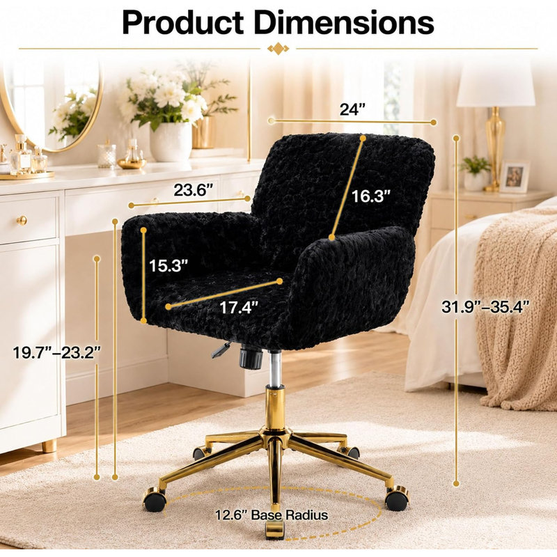 Fauteuil de bureau en poils de lapin artificiel avec base en métal doré, fauteuil de bureau pivotant, chaise de coiffeuse (noir)